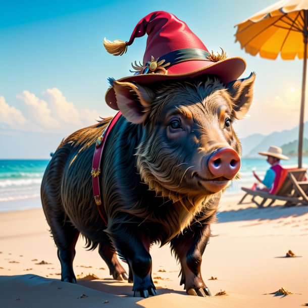 Picture of a boar in a hat on the beach