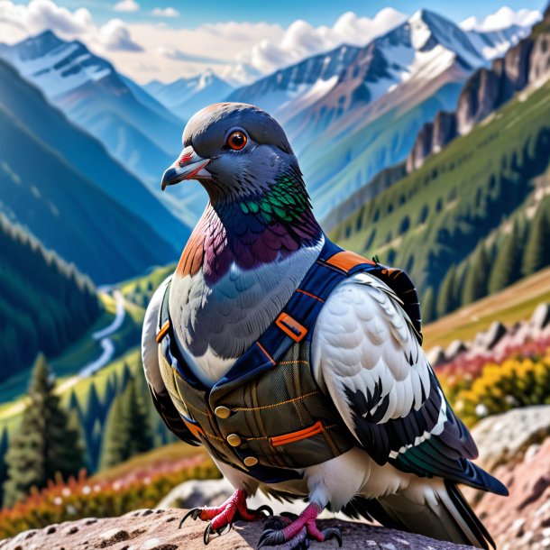 Picture of a pigeon in a vest in the mountains