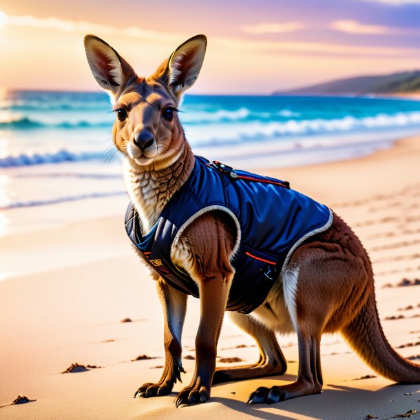 Pic d'un kangourou dans un gilet sur la plage