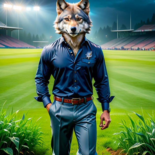 Image of a wolf in a trousers on the field