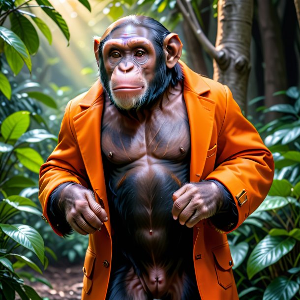 Foto de um chimpanzé em um casaco de laranja