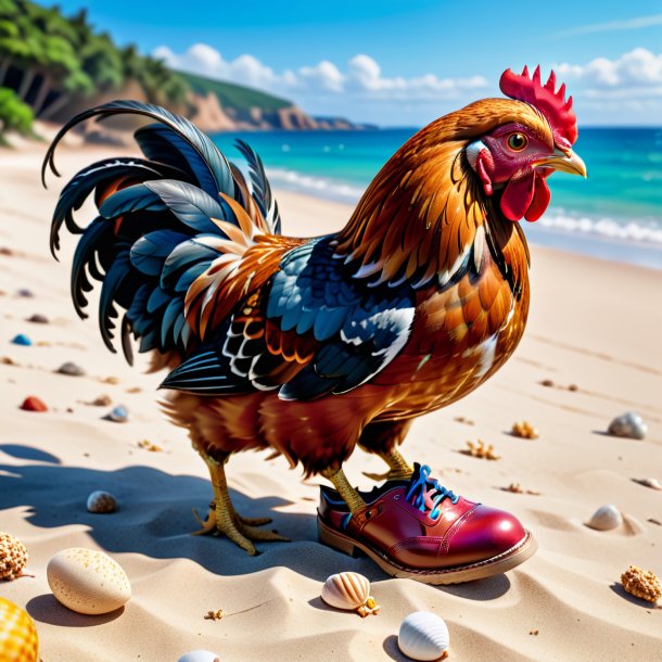 Picture of a hen in a shoes on the beach