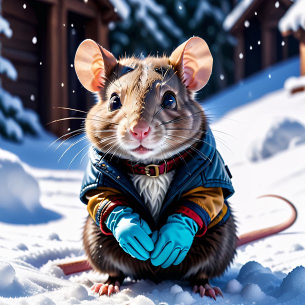 Image of a rat in a gloves in the snow