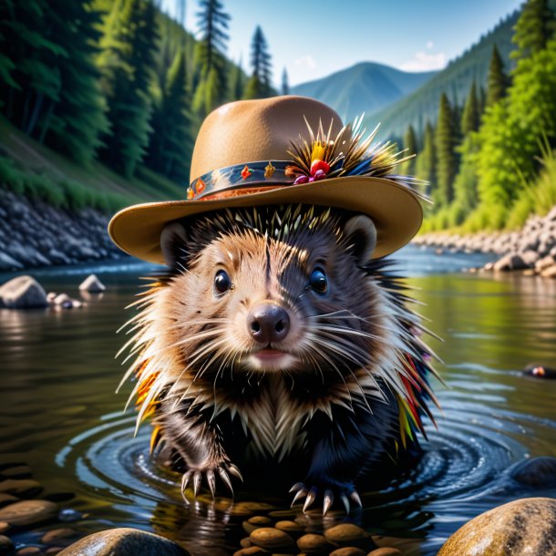 Photo d'un porc-épic dans un chapeau dans la rivière