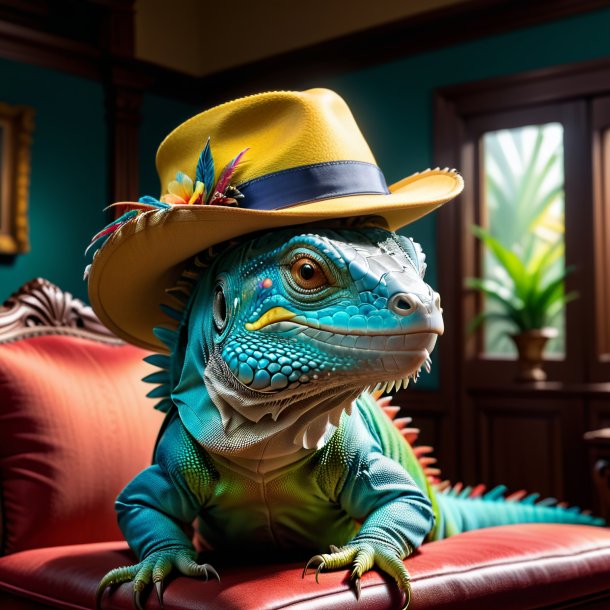 Photo d'une iguane dans un chapeau dans la maison