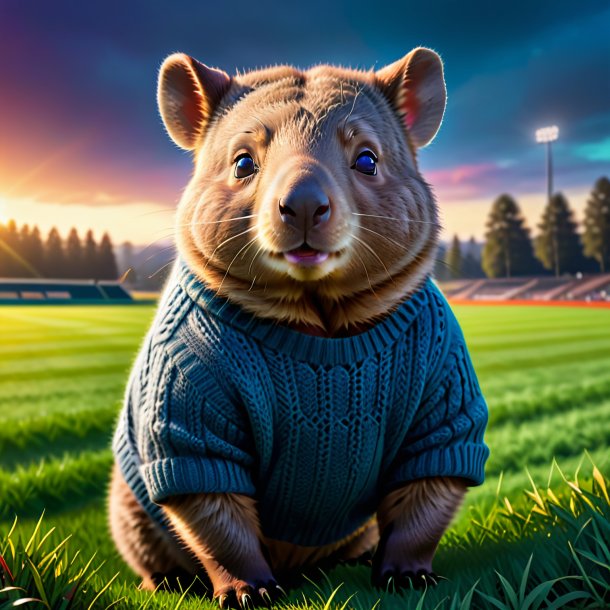 Imagem de um wombat em um suéter no campo