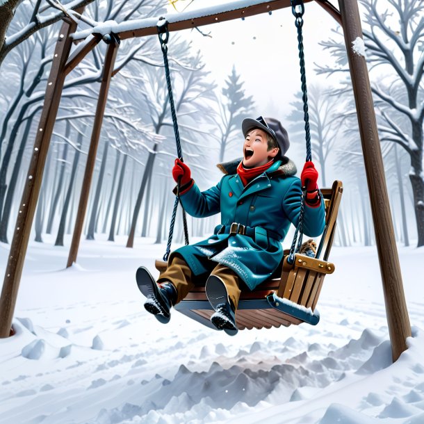 Pic of a swinging on a swing of a sardines in the snow