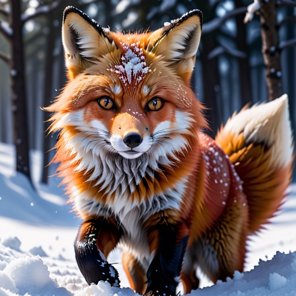 Photo of a fox in a gloves in the snow