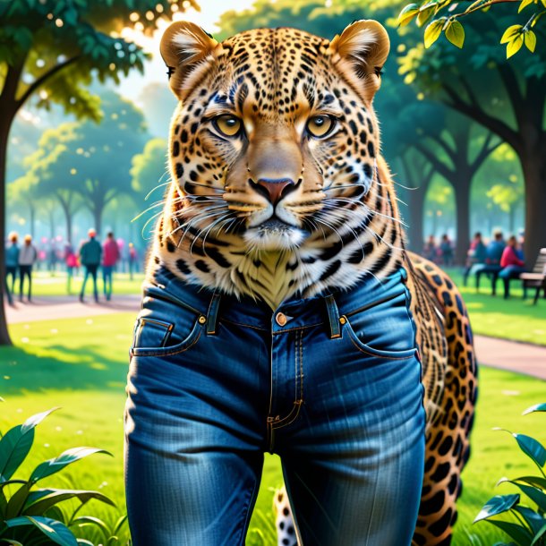 Ilustração de um leopardo em um jeans no parque