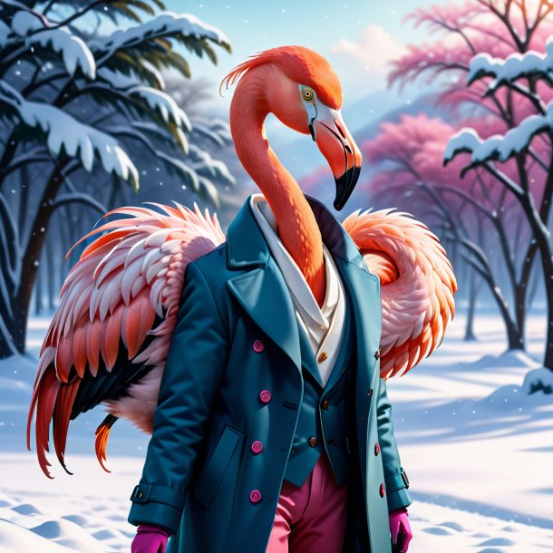 Illustration of a flamingo in a coat in the snow