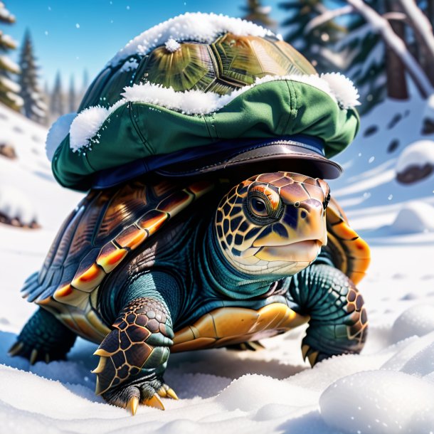 Photo of a turtle in a cap in the snow