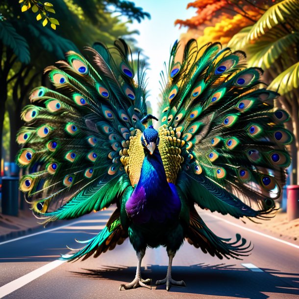 Image of a angry of a peacock on the road