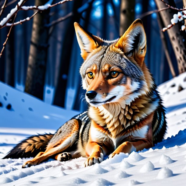 Photo of a resting of a jackal in the snow