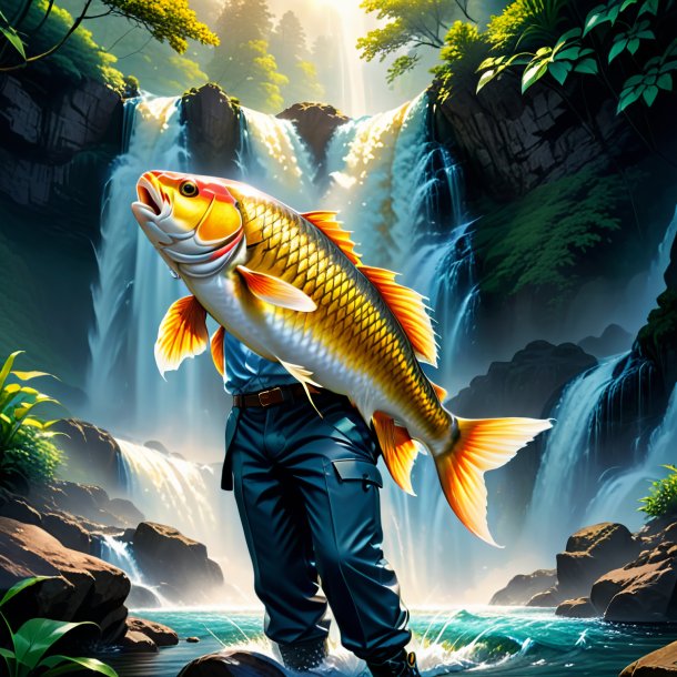 Illustration of a carp in a trousers in the waterfall