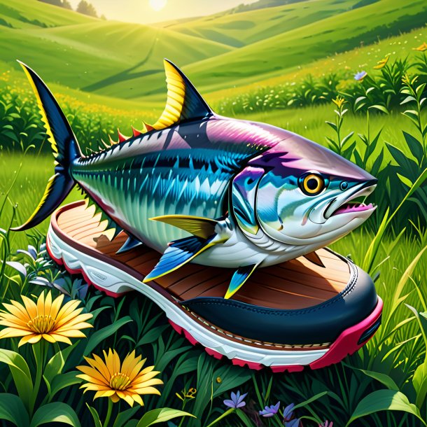 Illustration of a tuna in a shoes in the meadow