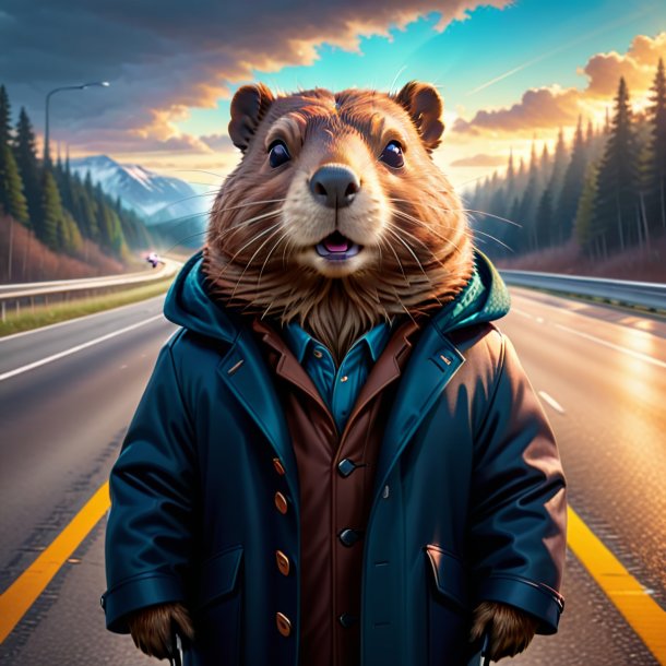 Illustration of a beaver in a coat on the highway