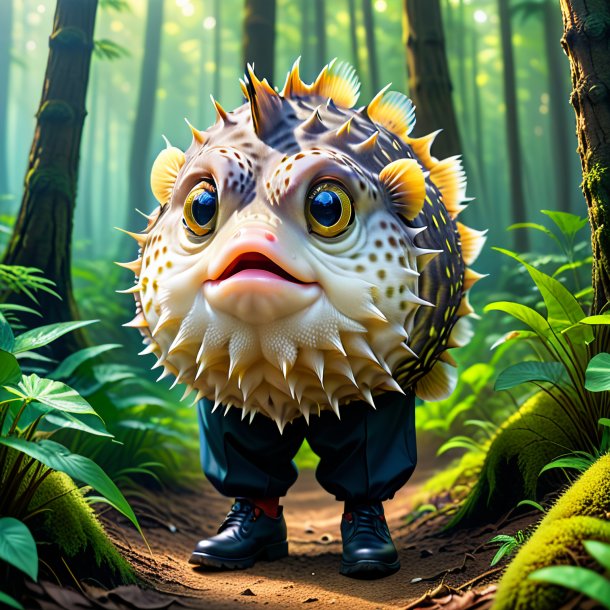 Picture of a pufferfish in a trousers in the forest