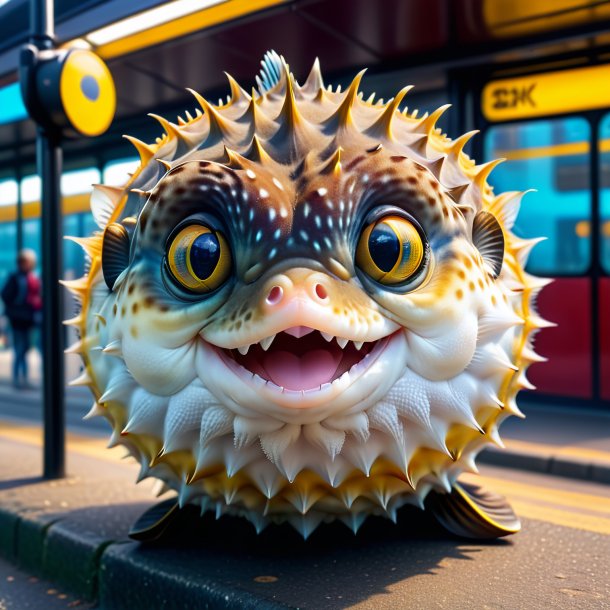 Picture of a smiling of a pufferfish on the bus stop