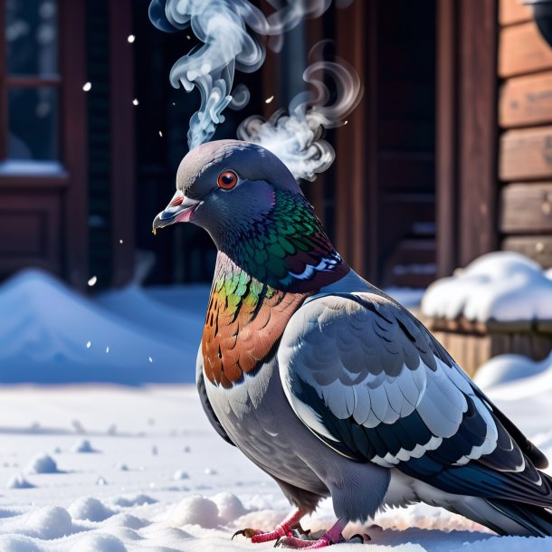 Image of a smoking of a pigeon in the snow