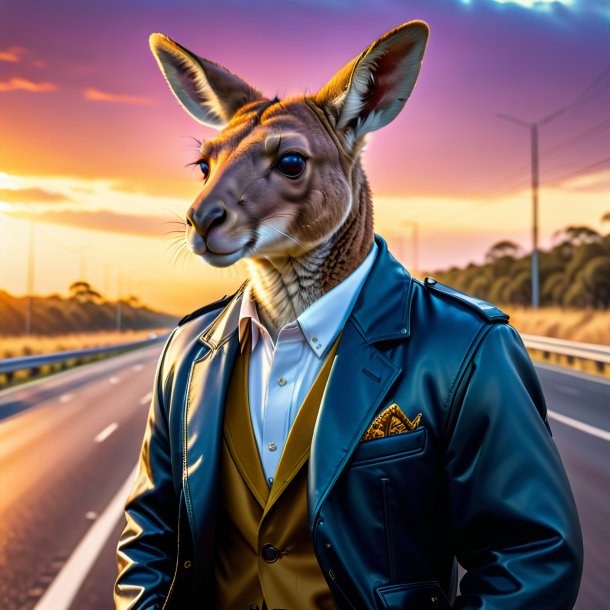 Image of a kangaroo in a jacket on the highway