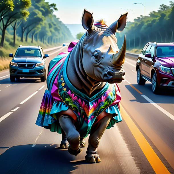 Drawing of a rhinoceros in a dress on the highway