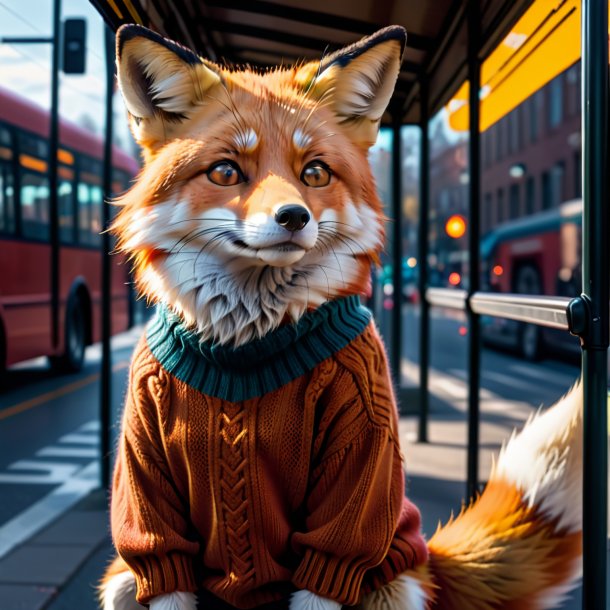 Image d'un renard dans un pull sur l'arrêt de bus