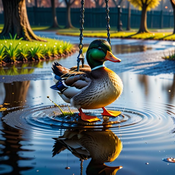 Picture of a swinging on a swing of a duck in the puddle