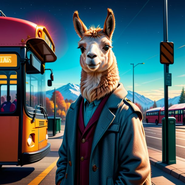 Illustration d'un lama dans un manteau sur l'arrêt de bus