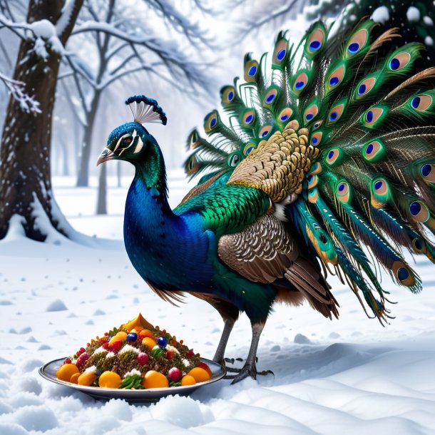 Foto de una comida de un pavo real en la nieve