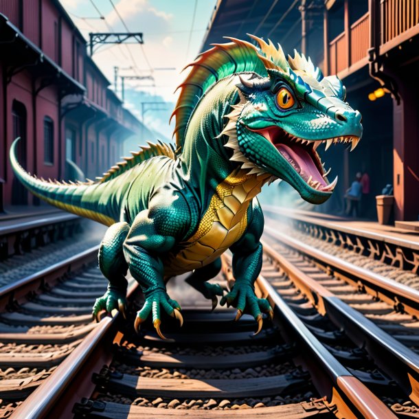 Image of a jumping of a basilisk on the railway tracks