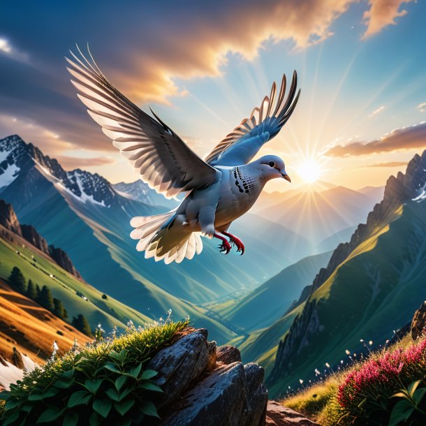 Photo of a jumping of a dove in the mountains