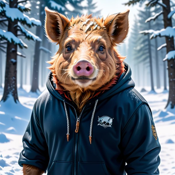 Photo of a boar in a hoodie in the snow