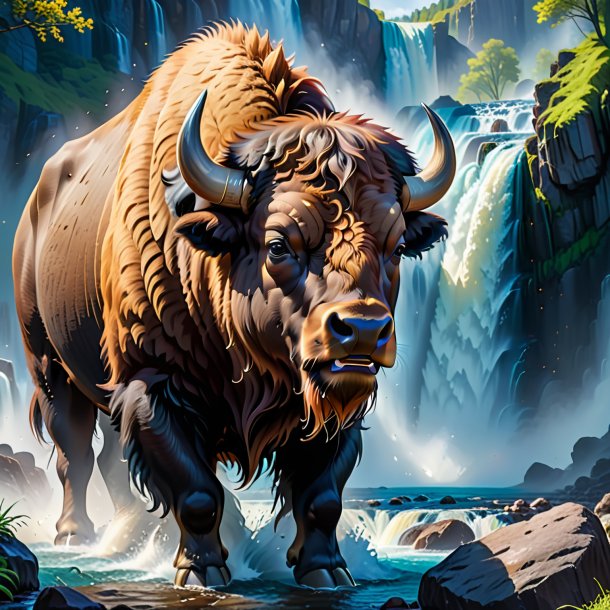 Image of a crying of a bison in the waterfall