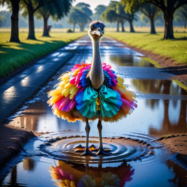 Foto de um avestruz em um vestido na poça