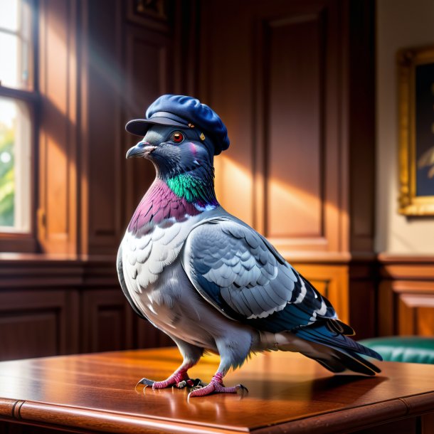 Photo d'un pigeon dans une casquette dans la maison