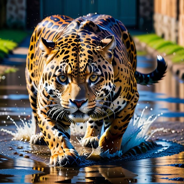 Foto de un juego de un jaguar en el charco