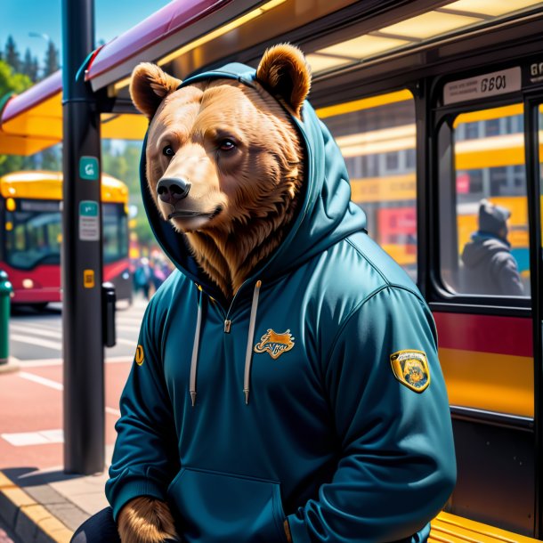 Foto de um urso em um hoodie no ponto de ônibus