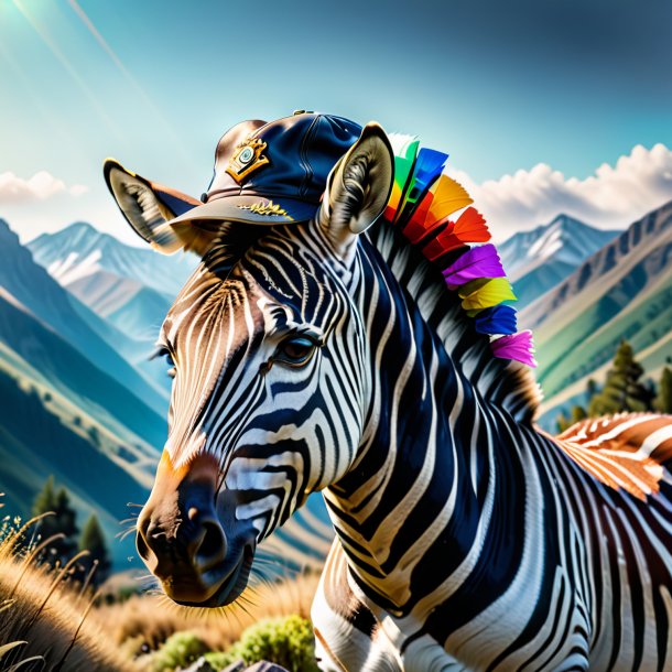 Image of a zebra in a cap in the mountains