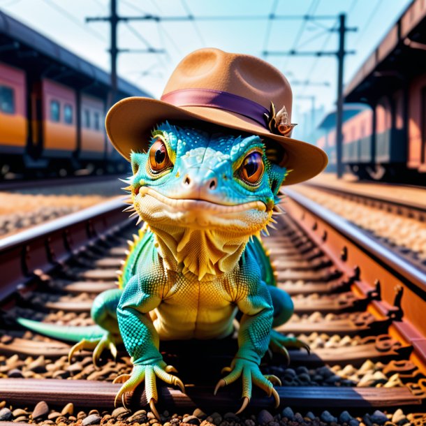 Picture of a lizard in a hat on the railway tracks