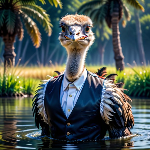 Image of a ostrich in a vest in the water