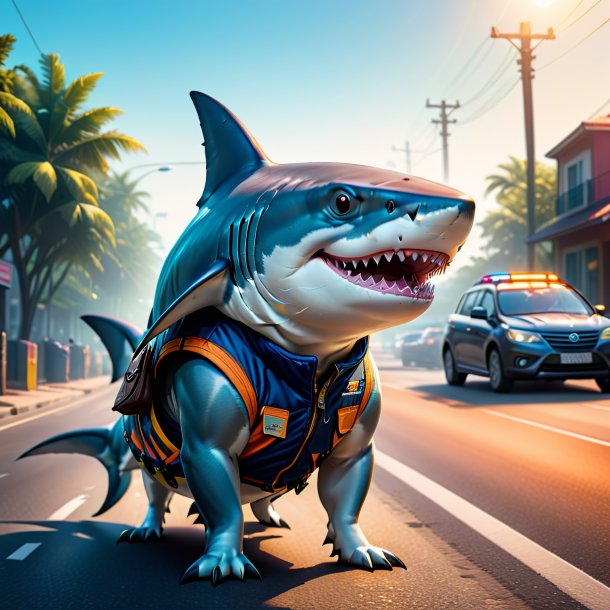 Illustration of a shark in a vest on the road