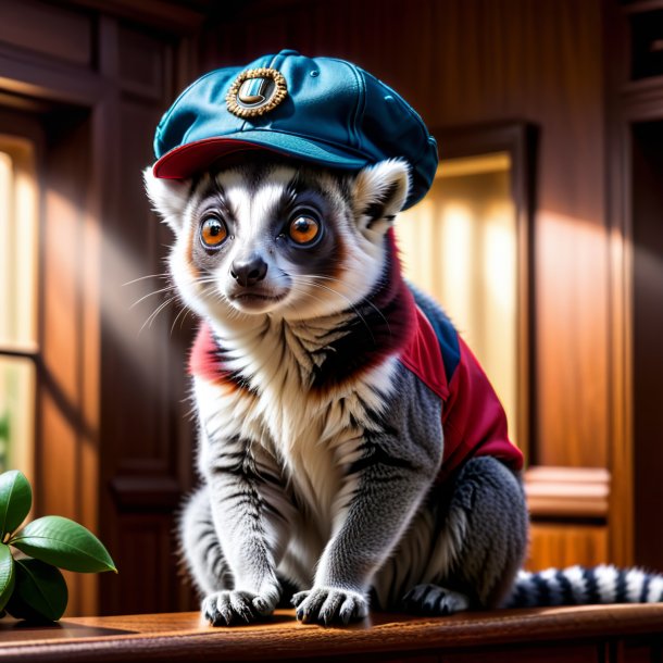 Photo of a lemur in a cap in the house