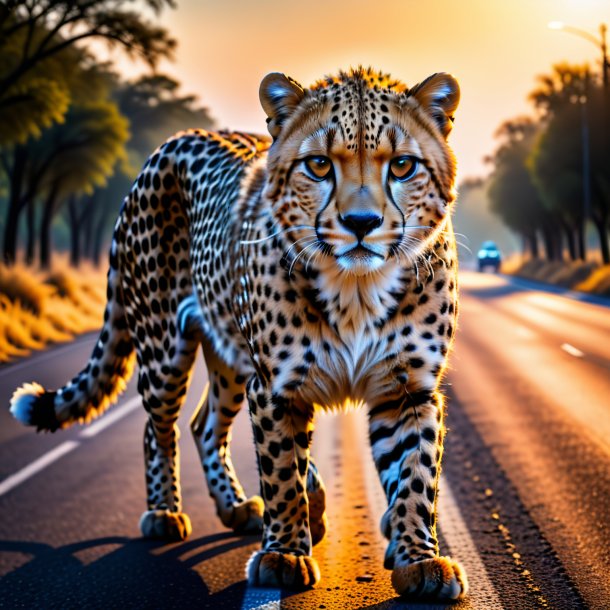 Picture of a cheetah in a gloves on the road