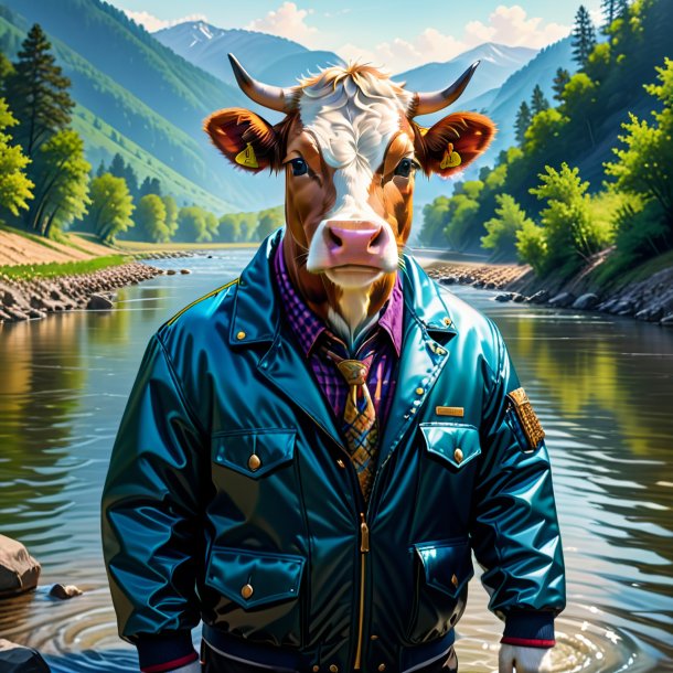 Dessin d'une vache dans une veste dans la rivière