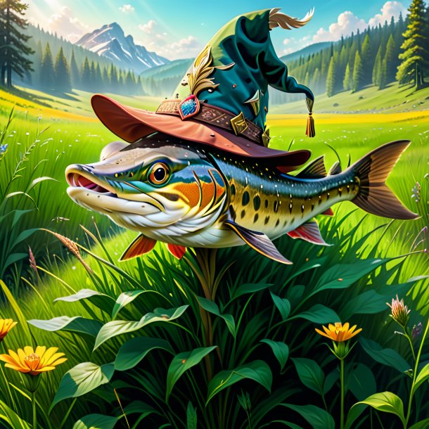 Drawing of a pike in a hat in the meadow