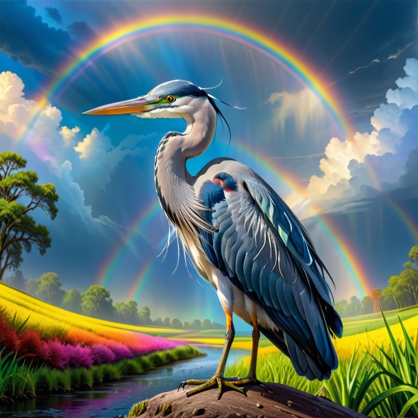 Drawing of a heron in a belt on the rainbow