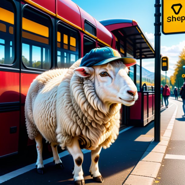 Desenho de uma ovelha em um boné na parada de ônibus