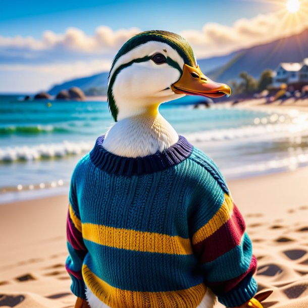Photo of a duck in a sweater on the beach