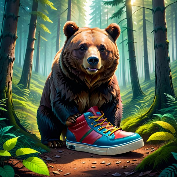 Illustration of a bear in a shoes in the forest