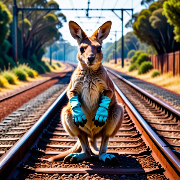 Photo of a kangaroo in a gloves on the railway tracks